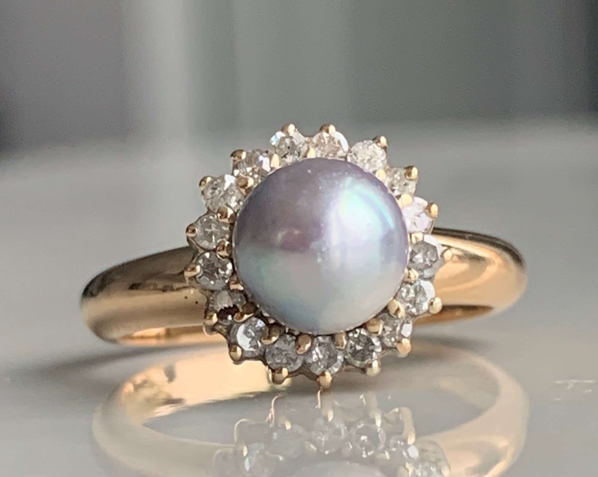 Pearl Ring 14k Light Blue Pearl Diamond Halo Ring 14K Pearl Etsy