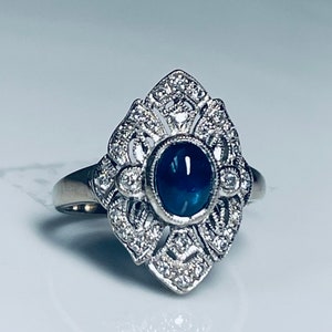 Saffierring 18k art-deco diamanten saffier cabochonring Vintage schild verlovingsring 18k witgoud Amazing saffierring