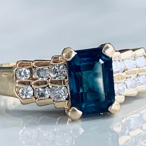 Sapphire Ring Diamond 14k Emerald Cut Natural Genuine Blue Sapphire Diamond Ring Engagement Ring Vintage Art Deco Gold Ring