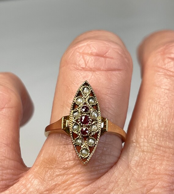 French Garnet Seed Pearl Ring 14k "FIX" Rolled Go… - image 9