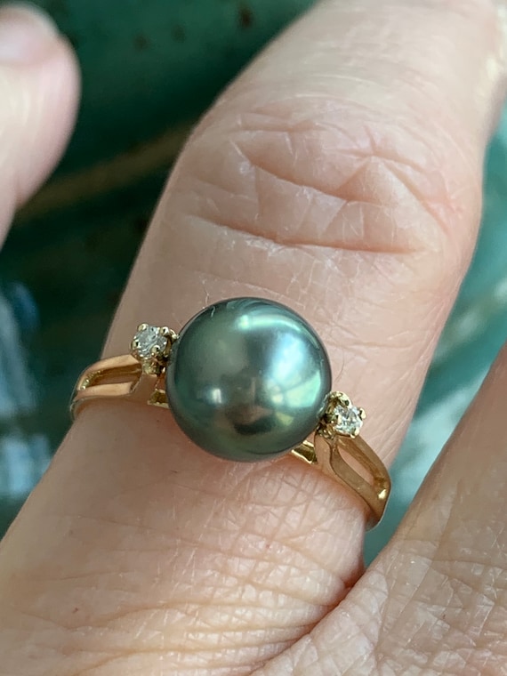 Black Tahitian Pearl Ring 14k Diamond Pearl Engagement Ring Maui