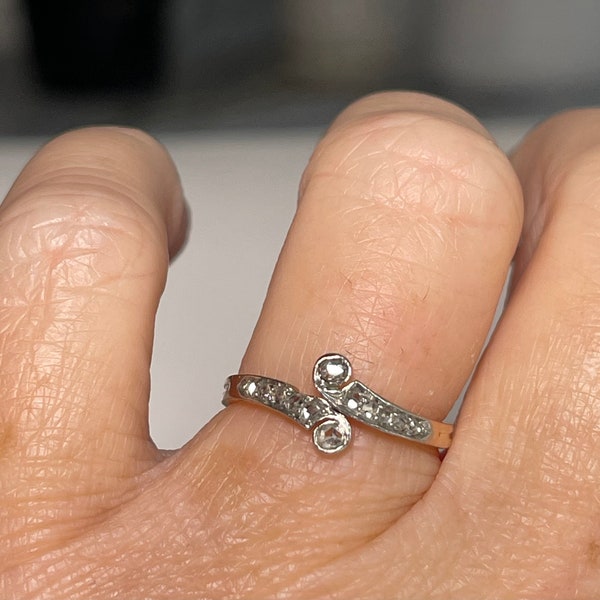 Vintage Wedding Ring 18K French Victorian Rose Cut Diamond Ring 18K Platinum Top Diamond Bypass Ring Toi Et Moi Ring Belle Epoque Paris