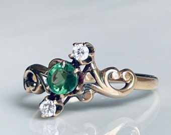 Green Garnet Ring Victorian Green Garnet Diamond Ring 1800s 14k Natural Genuine Earth Mined Green Garnet Engagement Ring 14k