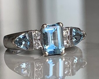 14k Aquamarine Ring Diamond Engagement Ring 14k White Gold Diamond Three Stone Aquamarine Engagement Ring Aquamarine Jewelry Birthday Gifts