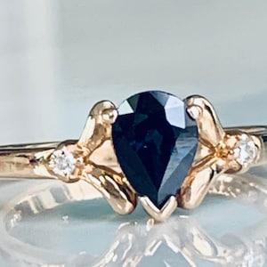 Pear Cut Sapphire Ring 14k Diamond Blue Sapphire Engagement Ring Vintage Ring 14k Pear Cut Diamond Vintage Rings for Her