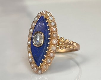 Georgian Ring Baggies Au Firmament Rose Cut Diamond Seed Pearl Pearl Lapis Lazuli 18K Gold French Ring Celestial Night Sky Engagement Ring