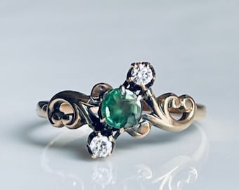 Green Garnet Ring Victorian Green Garnet Diamond Ring 1800s 14k Natural Genuine Earth Mined Green Garnet Engagement Ring 14k