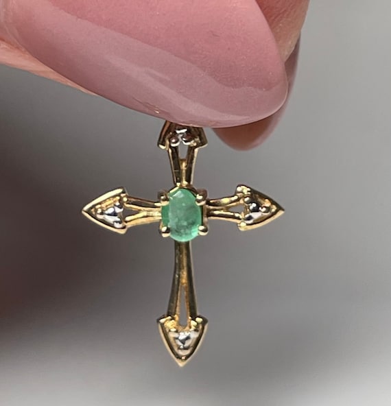 Cross Pendant Emerald 10K Vintage Emerald Yellow … - image 1