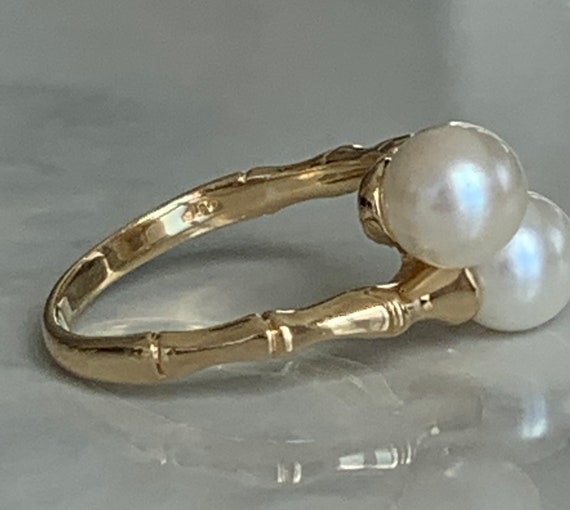 Bamboo Pearl Ring 14k Gold Pearl Bypass Engagemen… - image 5