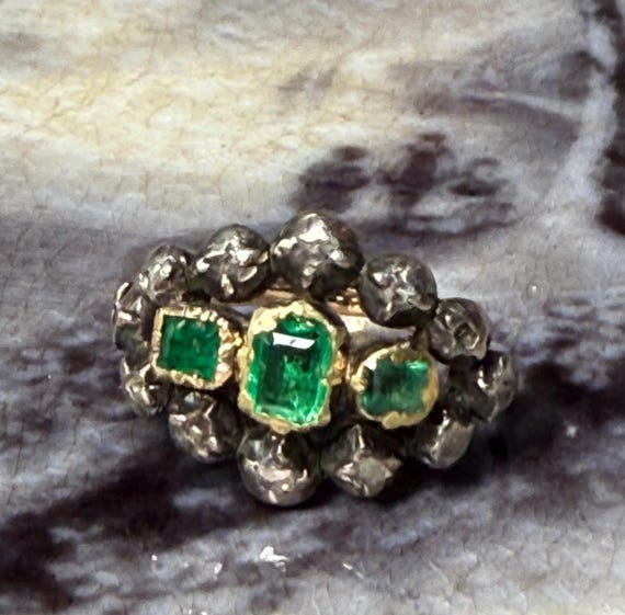 Emerald Ring 18K Antique Rare Spanish Colonial Iberian Emerald Ring 18K Iberian Emerald Engagement Ring Georgian Rose Cut Diamond Spain