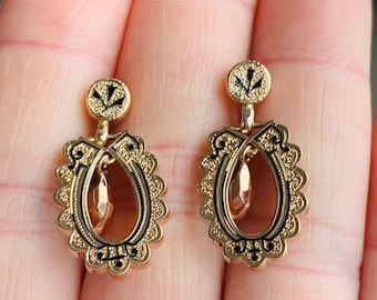 Victorian Earrings 14k Screw Back Rose Gold taille de epargne Black Enamel Vintage Earrings