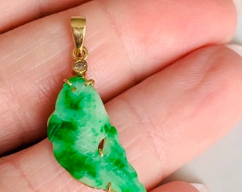 Jade Pendant Koi 18K Apple Green Art Deco Jade Diamond Pendant Vintage Jade Fish Water Lucky Pendant  750 Gold Art Deco Koi Pendant