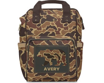 Bolsa de pañales personalizada con estampado de pato y camuflaje, regalo para bebé oso, compañero de caza de papá, bolsa de pañales con estampado de camuflaje vintage, bolsa de pañales con estampado de camuflaje retro, personalizada