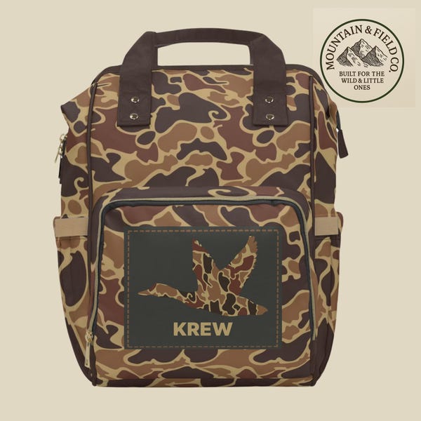 Sac à langer personnalisé camouflage canard, cadeau bébé chasse au canard, compagnon de chasse de papa, sac à langer camouflage vintage, sac à langer camouflage rétro, personnalisé
