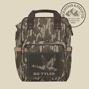 Camo Diaper Backpack, Hunting Baby Bag, Personalized Duck Hunter Gift, Treebark Camouflage Baby Shower Present, Outdoor Dad Mom Gift, Name