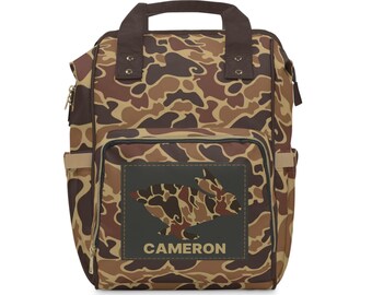 Bolsa de pañales personalizada con estampado de pato y camuflaje, regalo para bebé cazador de conejos, compañero de caza de papá, bolsa de pañales con estampado de camuflaje vintage, bolsa de pañales con estampado de camuflaje retro, personalizada