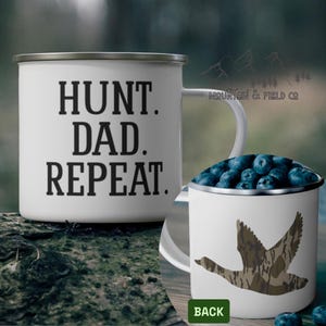 Enamel Camping Mug - HUNT DAD REPEAT - Camo Duck Fathers Day Gift, Coffee Cup for Outdoorsmen, Hunting Dad Camp Cup, Rugged Mug for Hunters,