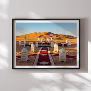 Sahara Desert Camp Print, Moroccan Sunrise Photography, Berber Tent Wall Art, Desert Dunes Landscape Photo, Exotic Travel Decor