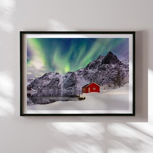 Lofoten Norway Northern Lights Print: Arctic Winter Cabin Wall Art