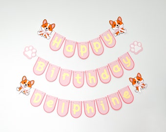 Corgi Birthday Party Banner, Corgi Theme Party, Dog Birthday Banner, Corgi Garland, Puppy Banner, Pastel colors banner