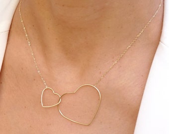 Collier double coeur doré fin, chaîne en acier inoxydable, idée cadeau, bijou femme, collier fin, cadeau Noël
