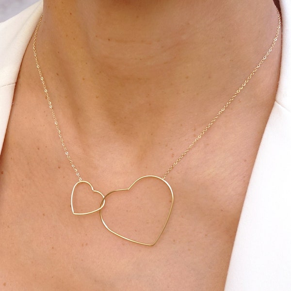 Collier double coeur doré fin, chaîne en acier inoxydable, idée cadeau, bijou femme, collier fin, cadeau Noël