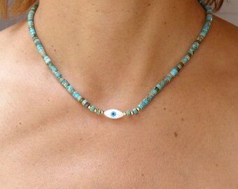 Collier oeil turquoise chaîne en acier inoxydable dorée, idée cadeau, oeil protecteur