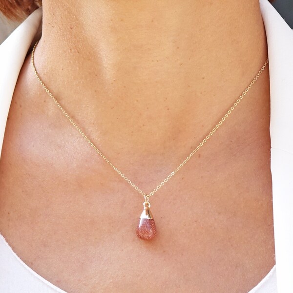 Collier Perle de vie Pierre de sable, chaîne dorée en acier inoxydable, collier pierre fine, bijou femme, collier fin