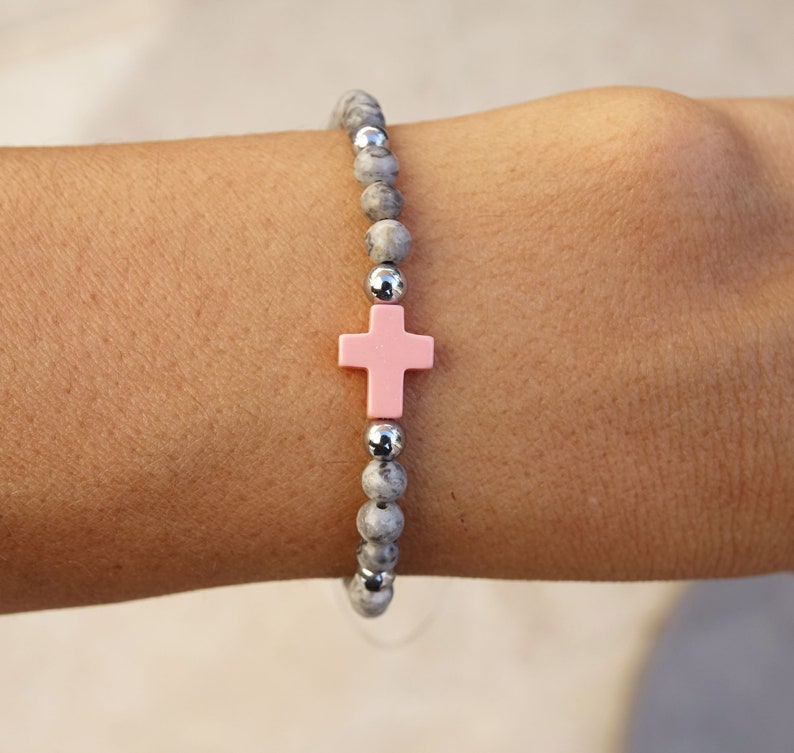 Valentine/'s Day cross bracelet birthday party gift idea Christmas Pink and snowflake tinted howlite cross bracelet