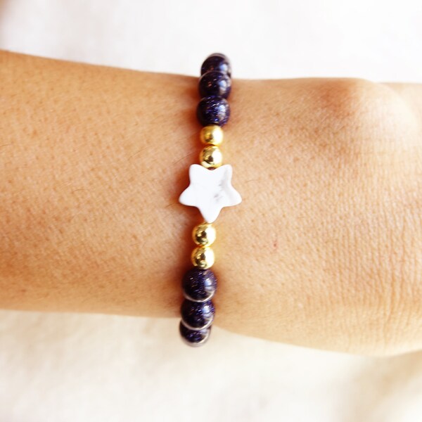 Bracelet en Pierre de sable bleue et étoile en howlite, idée cadeau, fête, anniversaire, Saint Valentin, noël, bracelet pierres fines