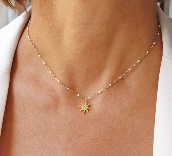 Collier avec étoile et brillant et chaîne rosaire dorée et émaillée, acier  inoxydable, idée cadeau, bijou femme, collier fin -  France