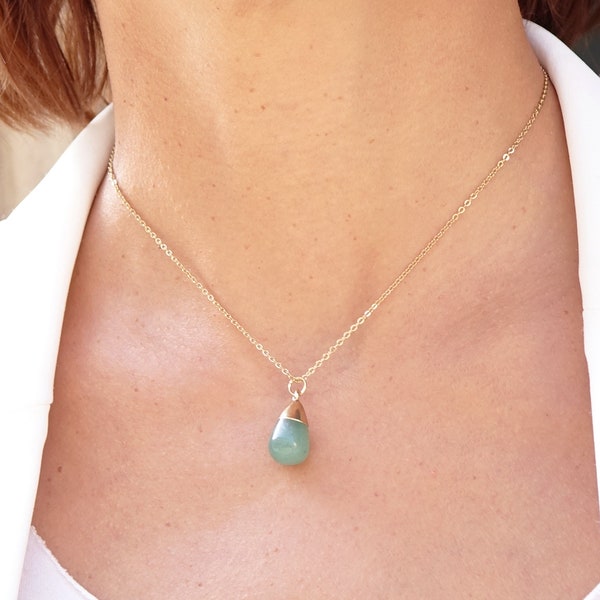 Collier Perle de vie Aventurine, chaîne dorée en acier inoxydable, collier pierre fine, bijou femme, collier fin