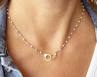 Collier menottes doré chaîne rosaire acier inoxydable, bijou femme, collier fin