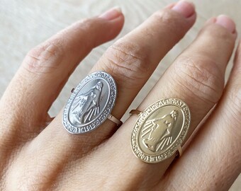 Bague Madone dorée ou argentée en acier inoxydable, Vierge Marie, idée cadeau noël, cadeau femme fille, Saint Valentin, bague réglable