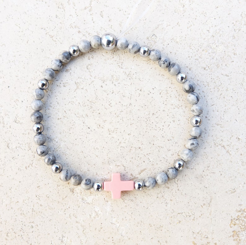 Valentine/'s Day cross bracelet birthday party gift idea Christmas Pink and snowflake tinted howlite cross bracelet