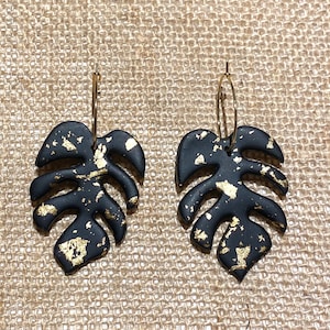 Handmade Earrings, Black Monstera Hoops, Polymer Clay, Nickel Free, Lightweight, Beautiful, Plant Earrings, Modern