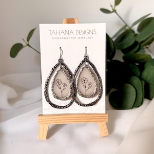 Silver Layered Teardrop Earrings with Translucent Floral Center | Handmade Botanical Dangles | Lightweight Statement Earrings