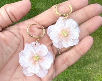 Handmade Earrings | White Translucent Flower Earrings | Polymer Clay | LOLA | Nickel Free | Lightweight | Beautiful | Modern