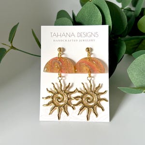 Golden Sunburst Statement Earrings | Handmade Polymer Clay & Gold Stainless Steel | Boho Celestial Jewelry | Lightweight Earrings