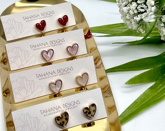 Gold rimmed heart studs, Valentine’s earrings, Lightweight earrings