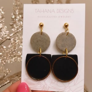 Keslie Black and Gray Dangle Earrings , Handmade Polymer Clay Earrings, Nickel Free, Lightweight
