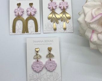 Handmade Earrings | Light Pink Flower Earrings | Polymer Clay | Nickel Free | Lightweight | Beautiful | Modern