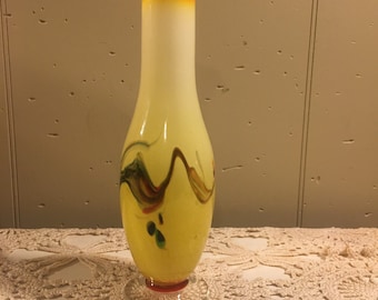 Hand Blown Art Glass Vase Yellow, Red  & Swirled, White Cased Glass
