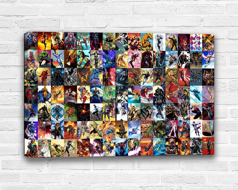 Marvel Characters Collage Canvas Wall Art Etsy