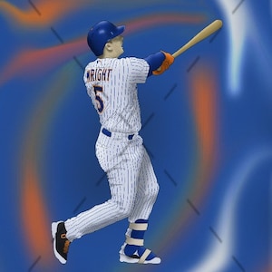 Puede incluir: Un jugador de béisbol con un uniforme a rayas azul y naranja balancea un bate de madera. El jugador lleva una gorra de béisbol azul con la palabra "Wright" y el número "5" en ella. El fondo es un degradado azul y naranja.