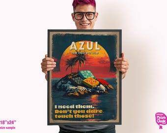 May include: A retro-style poster for the board game Azul. The poster features a sunset scene with a tropical island and a pile of colorful tiles. The text on the poster reads "Azul: The Perfect Tile" and "I need them. Don't you dare touch those!"