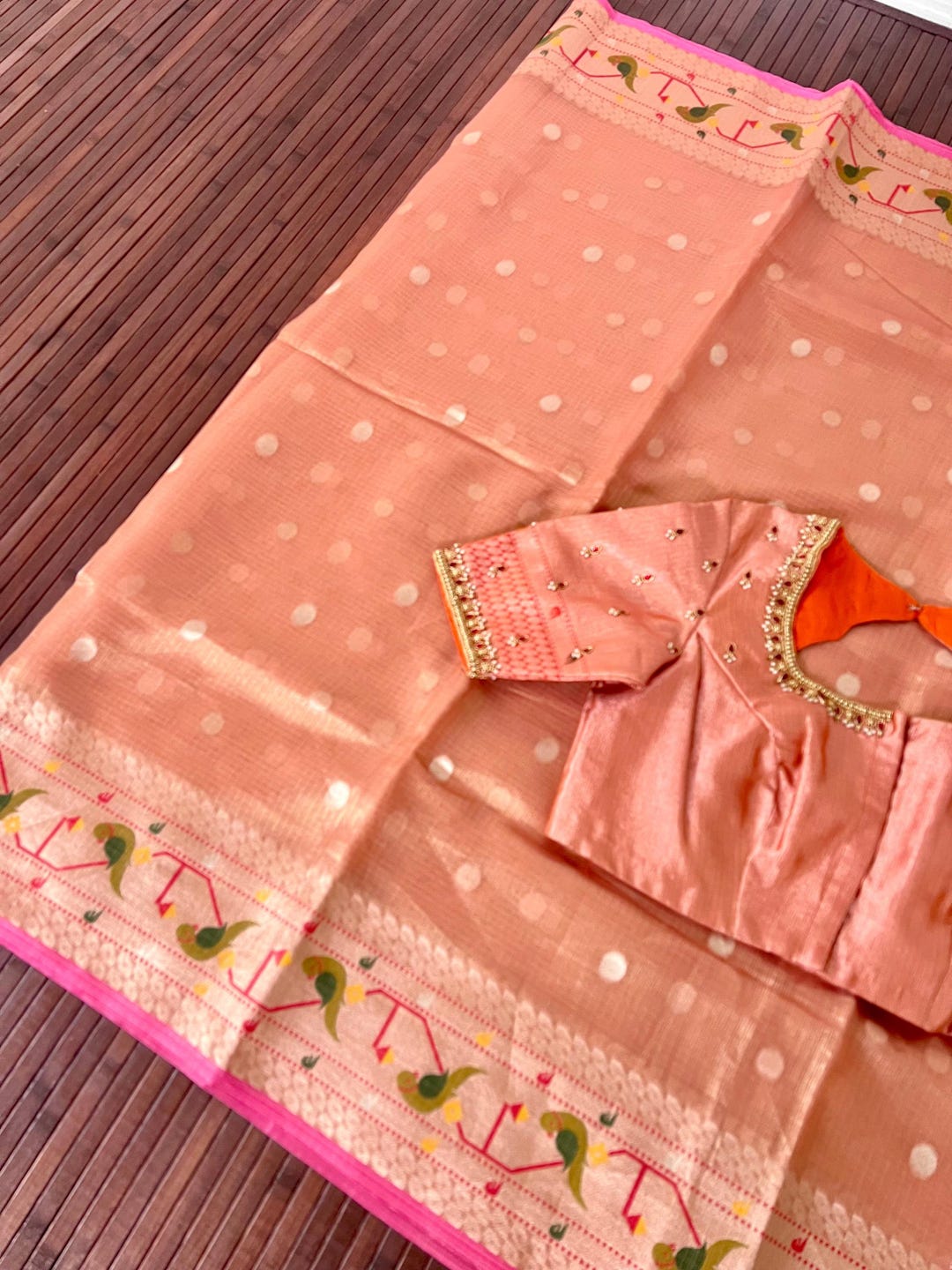 Pastel green designer tissue kota silk cotton unstitched salwar material, heavy hand embroidered on yoke(thin fabric, lining needed)matching santoon bottom, tissue kota silk cotton full length dupatta with embroidered& zari borders. CODE NV242803 main image 1