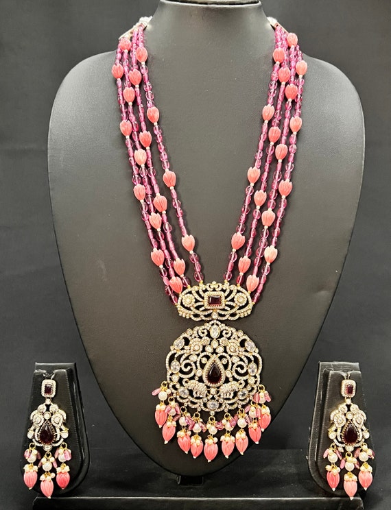 Victorian CZ Coral Beads Necklace Set Etsy