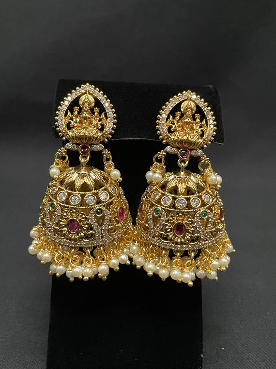 Radha's Creations golden jhumki Pink and green earrings one gram gold for  women and girls : Amazon.in: Fashion