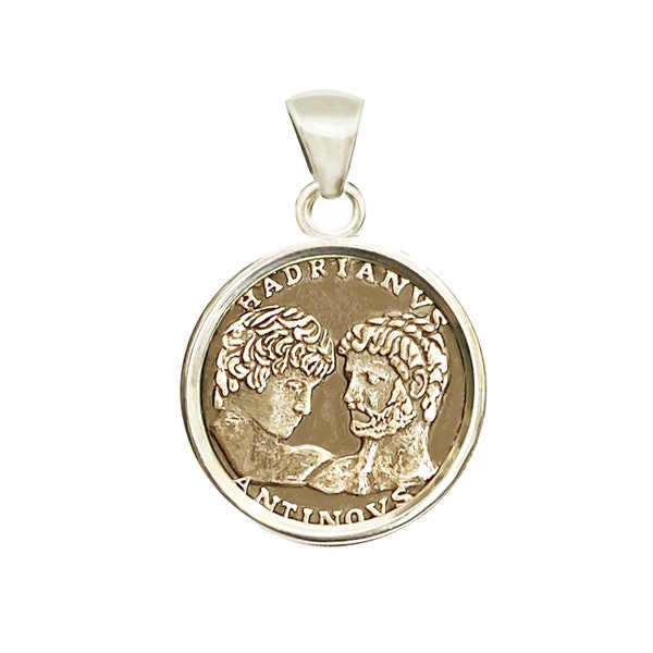 Emperor Hadrian and his beloved Antinous bronze medal, mounted in a sterling silver pendant